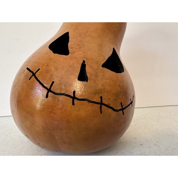 Handmade 7" carved Halloween gourd jack-o-lantern pumpkin signed folk art rustic - Picture 11 of 12